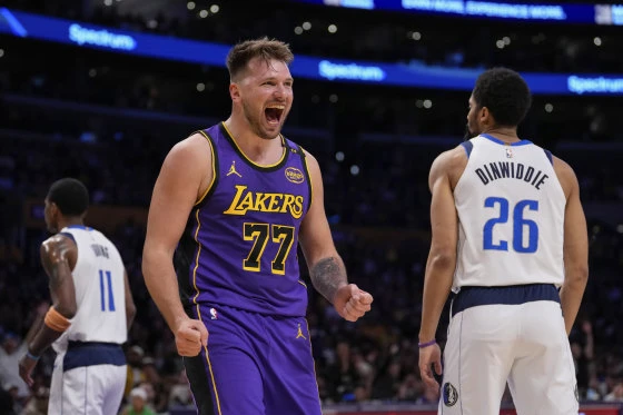 Los Angeles Lakers guard Luka Doncic reacts after drawing a foul in the first half of his team's win against the Dallas Mavericks.