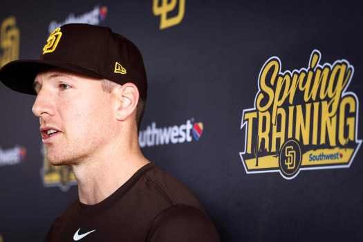 Nick Pivetta speaks to the media during Padres spring training workouts at the Peoria Sports Complex on Monday, Feb. 17, 2025 in Peoria, Ariz..