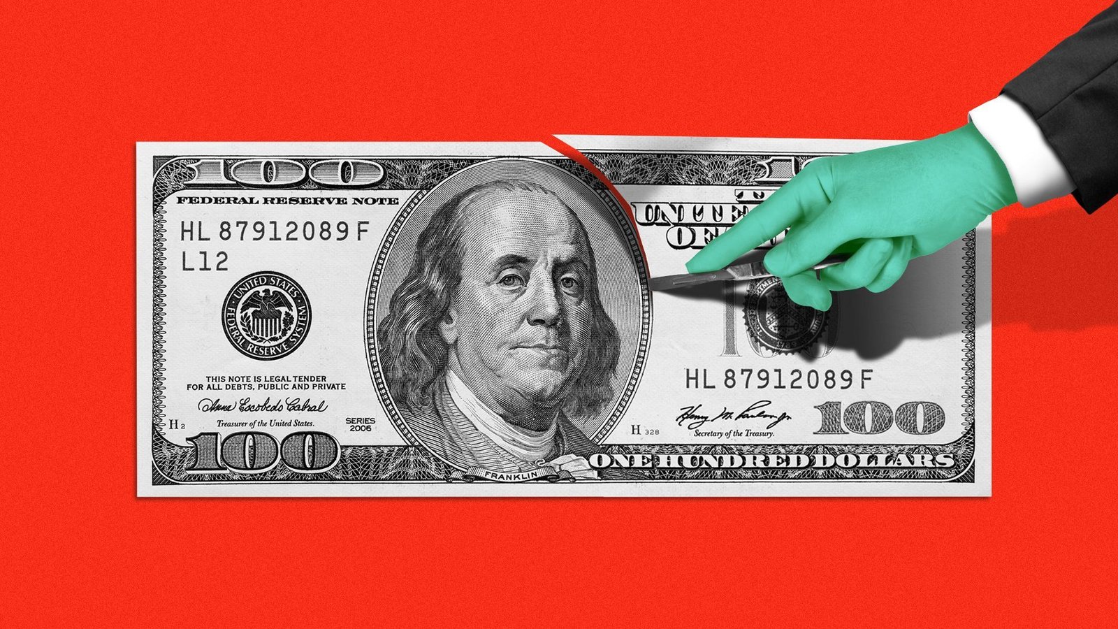 Illustration of a hand in a business suit with a scalpel cutting a hundred dollar bill