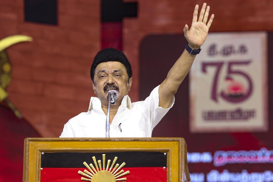 Tamil Nadu chief minister and DMK President M K Stalin addresses a gathering during 'Mupperum Vizha',