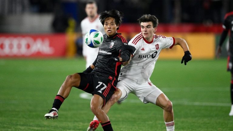 D.C. United midfielder Hosei Kijima (77) and Toronto FC midfielder Alonso Coello, right, battle for the ball during the first half of an MLS soccer match, Saturday, Feb. 22, 2025, in Washington. (Nick Wass/AP Photo)