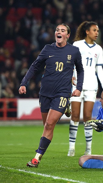 Grace Clinton scores against Switzerland at Bramall Lane