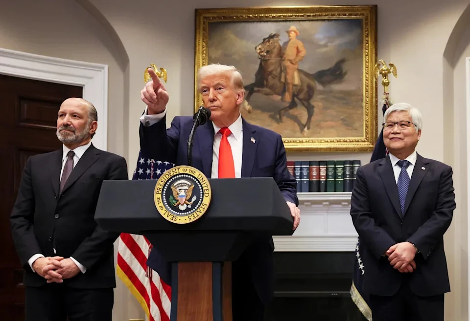 President Donald Trump speaks as C.C. Wei, chairman and CEO of Taiwan Semiconductor Manufacturing Company, right, and Commerce Secretary Howard Lutnick listen in the Roosevelt Room of the White House in Washington, Monday, March 3, 2025, highlighting the complex relationship between the US government and semiconductor manufacturing companies, (Pool via AP)  · ASSOCIATED PRESS