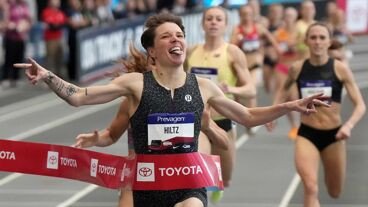 Nikki Hiltz celebrates after winning the women's 1,500m in 4:05.76 during the USATF Indoor Championships.