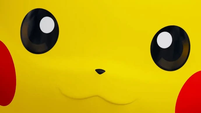 Extreme close-up of Pikachu's big bright yellow face with red cheeks