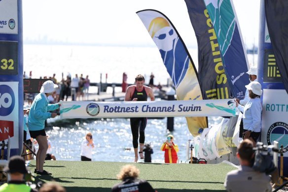 Max Coten is the winner of the 35th annual Rottnest Channel Swim has crossed the finish line.