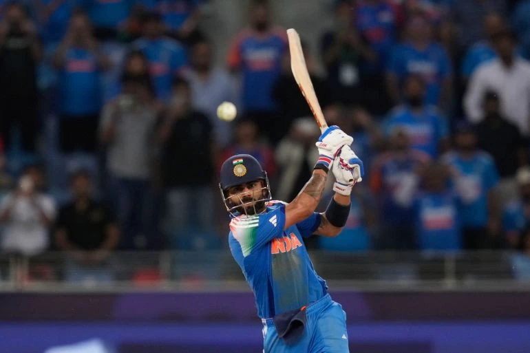 India's Virat Kohli hits winning runs during the ICC Champions Trophy cricket match between India and Pakistan at Dubai International Cricket Stadium, United Arab Emirates, Sunday, Feb. 23, 2025. (AP Photo/Altaf Qadri)