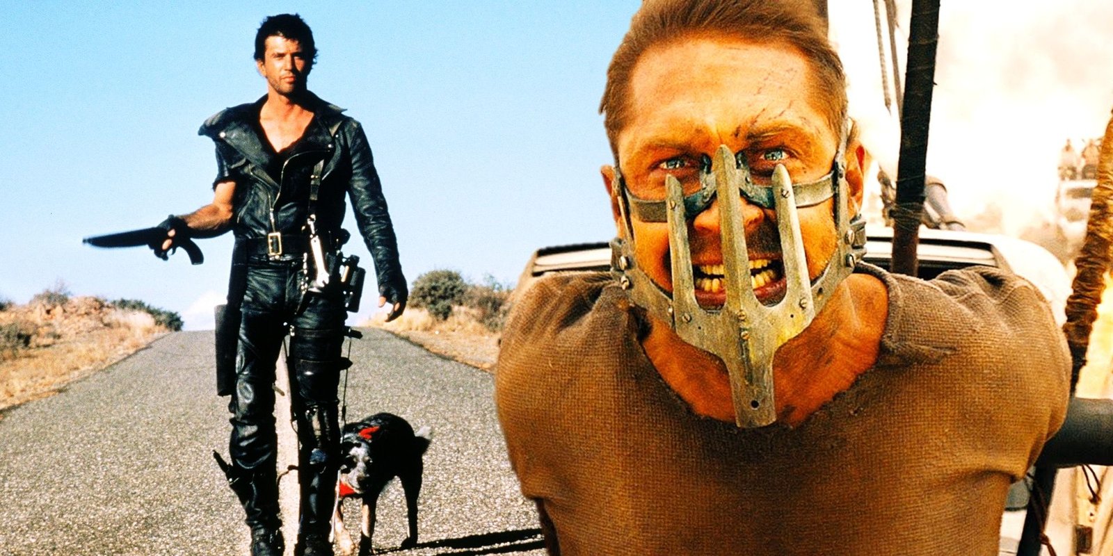 Collage of Mel Gibson in Mad Max 2 The Road Warrior and Tom Hardy in Mad Max Fury Road