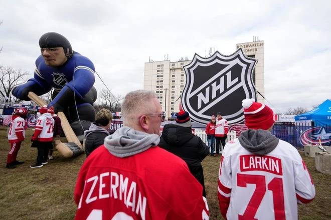 Fans attend the pregame tailgate prior to the NHL Stadium Series game between the Columbus Blue Jackets and the Detroit Red Wings on March 1, 2025.