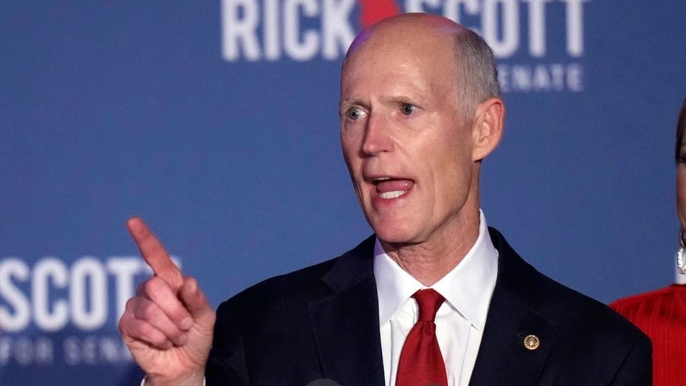 Sen. Rick Scott, R-Fla., speaks at a campaign watch party on election night Tuesday, Nov. 5, 2024, in Bonita Springs, Fla. (AP Photo/Chris O'Meara)