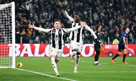 Francisco Conceição with teammate Randal Kolo Muani after scoring for Juventus against Inter