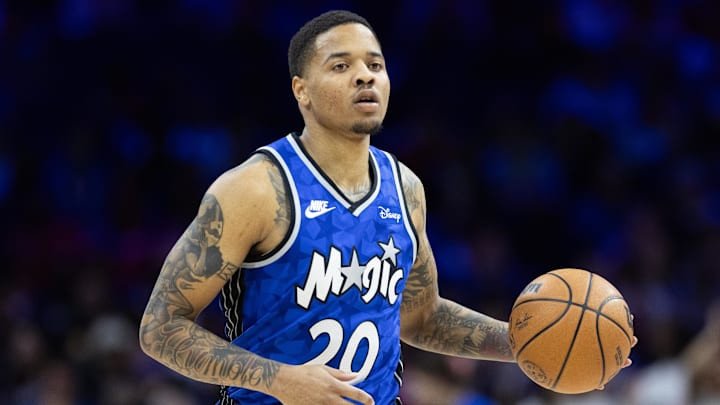 Apr 12, 2024; Philadelphia, Pennsylvania, USA; Orlando Magic guard Markelle Fultz (20) dribbles the ball against the Philadelphia 76ers during the second quarter at Wells Fargo Center. Mandatory Credit: Bill Streicher-Imagn Images