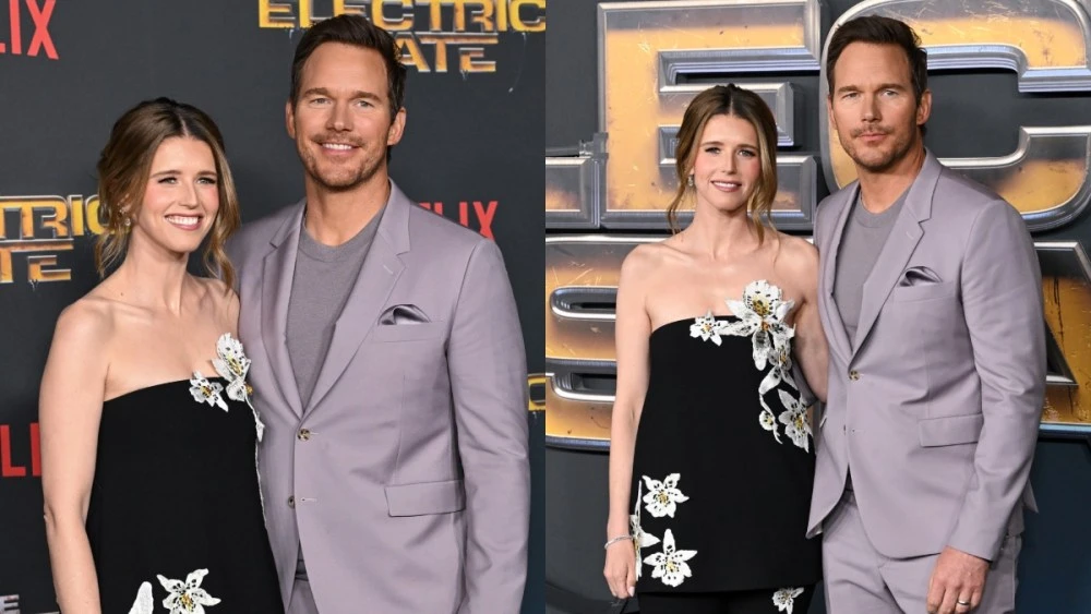 Katherine Schwarzenegger and Chris Pratt at the premiere of Netflix's "The Electric State" on Feb. 24 in Los Angeles, Oscar de la Renta, red carpet