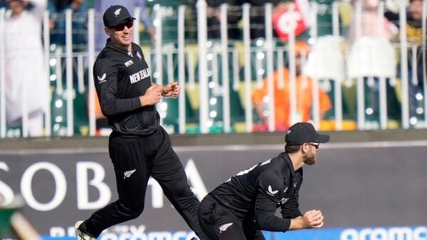 New Zealand's Kane Williamson, right, takes the catch of Bangladesh's Towhid Hridoy during the ICC Champions Trophy cricket match between Bangladesh and New Zealand, in Rawalpindi, Pakistan, on Monday, February 24.