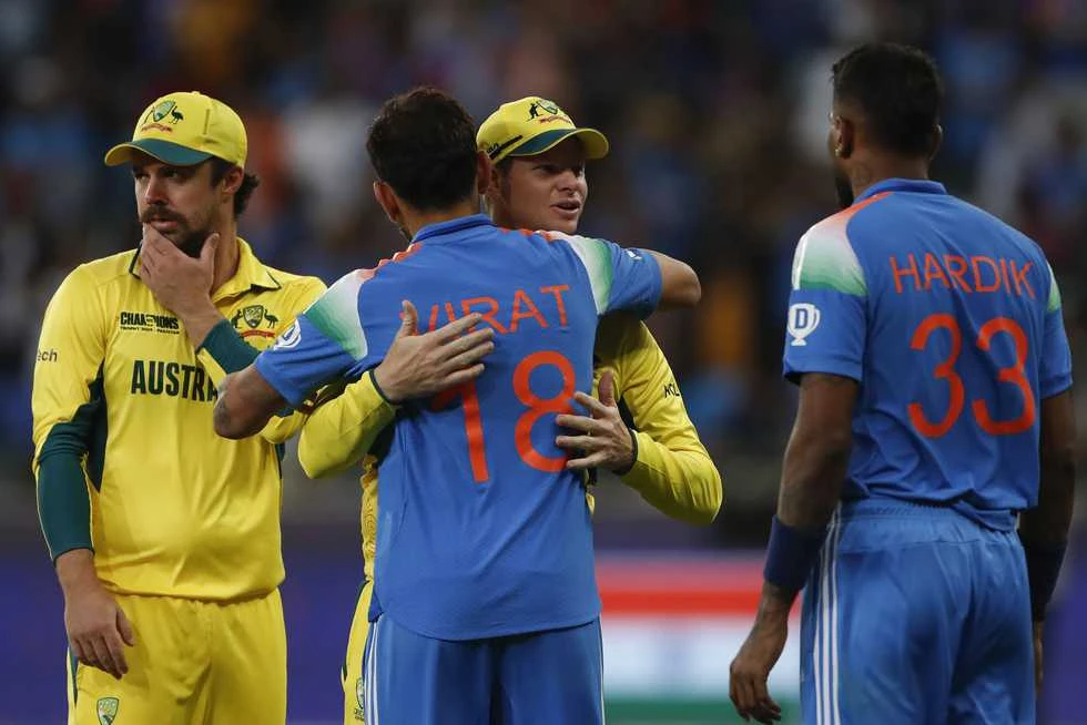 "Steve Smith and Virat Kohli share a heartfelt moment after India's win in the ICC Champions Trophy 2025 semifinal, as captured by Getty Images"