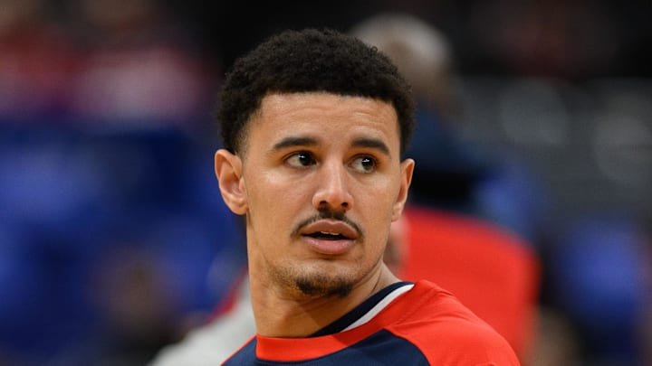 Nov 27, 2024; Washington, District of Columbia, USA; Washington Wizards guard Johnny Davis (1) warms up before the game between the Washington Wizards and the LA Clippers at Capital One Arena. Mandatory Credit: Reggie Hildred-Imagn Images