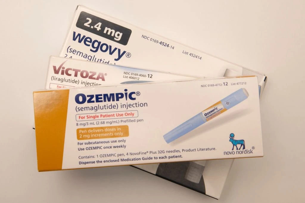 Still life of the big three injectable prescription weight loss medicines. Ozempic, Victoza and Wegovy. (Photo by: Michael Siluk/UCG/Universal Images Group via Getty Images)