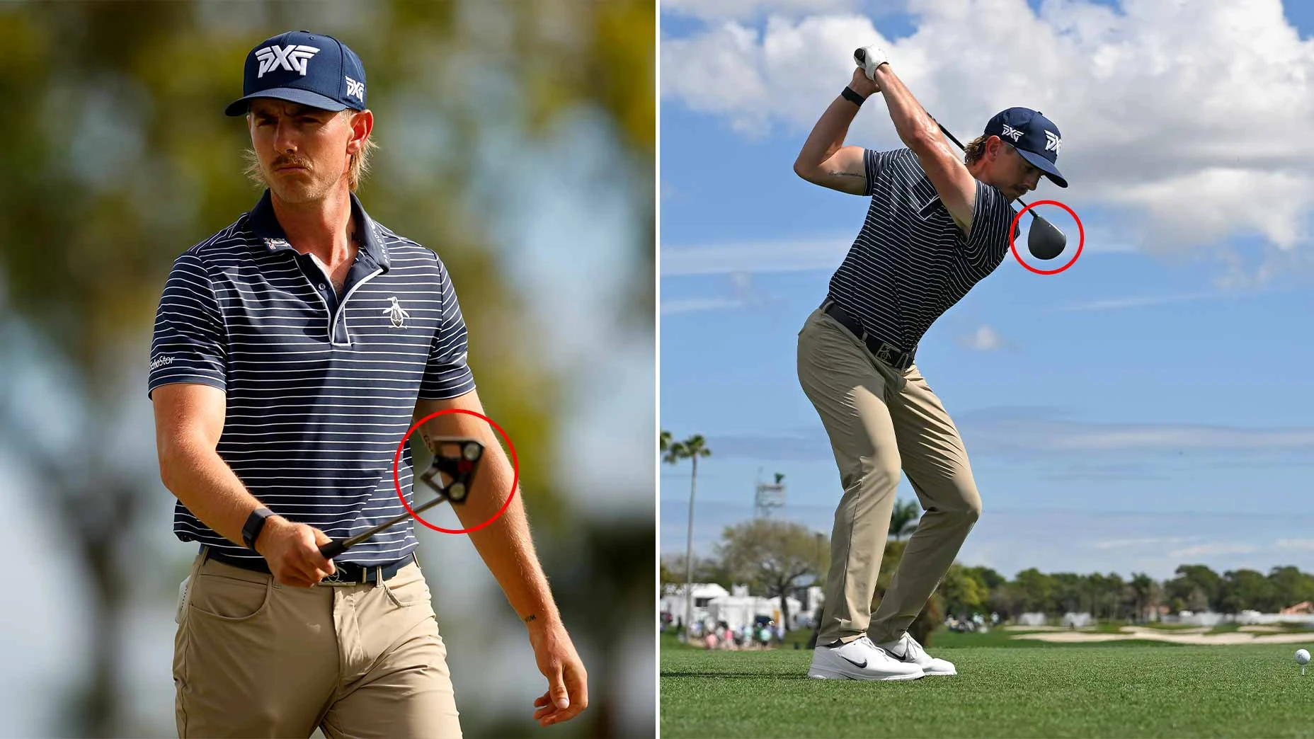 A split image of Jake Knapp with his new putter and driver at PGA National.