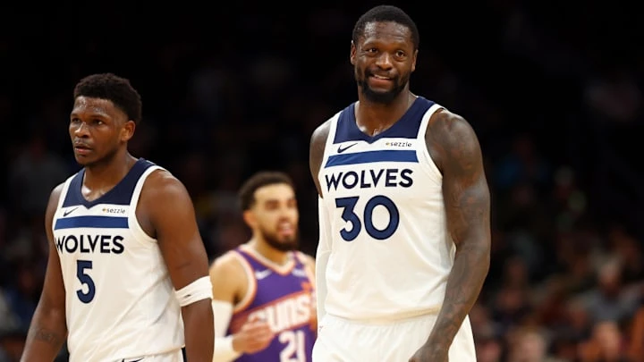 Minnesota Timberwolves guard Anthony Edwards (5) with forward Julius Randle against the Phoenix Suns at Footprint Center in Phoenix on Jan. 29, 2025.