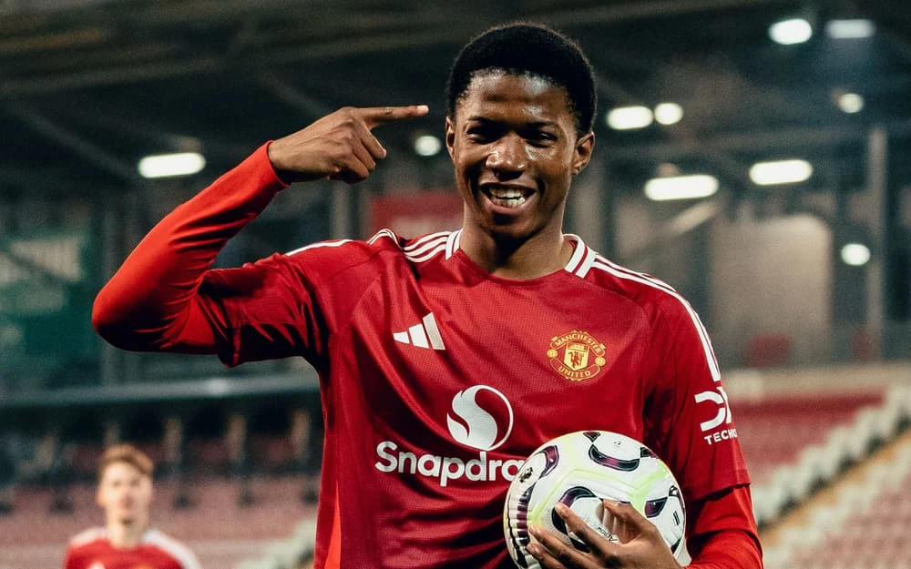 Manchester United striker Chido Obi celebrates scoring against Chelsea in the FA Youth Cup