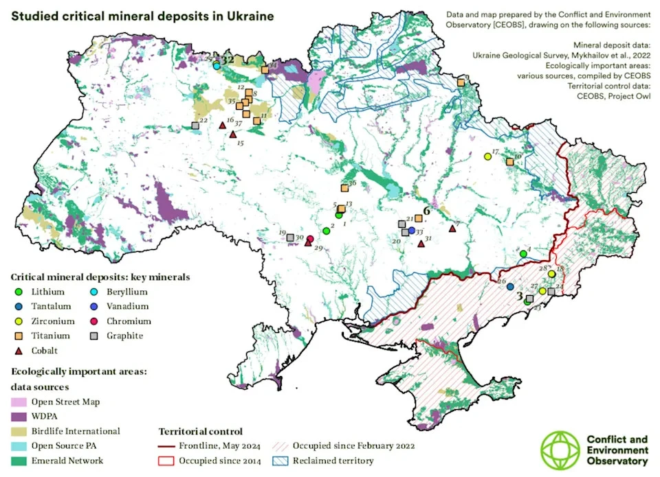 Critical minerals in Ukraine, a region rich in graphite, lithium, and titanium, with potential for rare earth mineral extraction, courtesy of Getty Images.