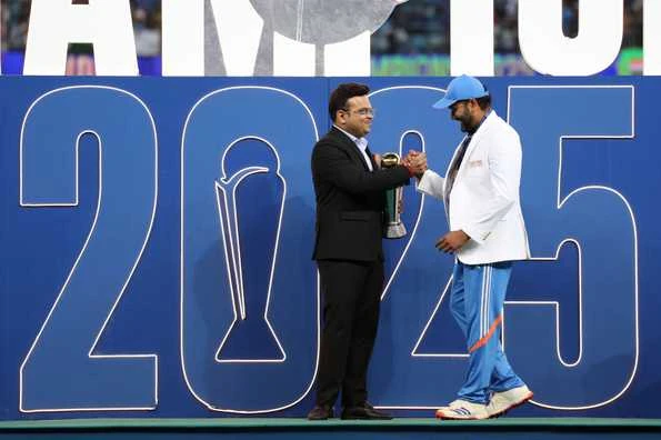 "ICC chairperson Jay Shah, BCCI President Roger Binny, and NZC director Roger Twose on the podium at the ICC Champions Trophy 2025 final, amidst PCB's noticeable absence - Photo by ICC/Getty Images"