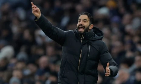 Manchester United's manager Ruben Amorim shouts instructions from the touchline during the Premier League match with Tottenham at the Tottenham Hotspur Stadium.