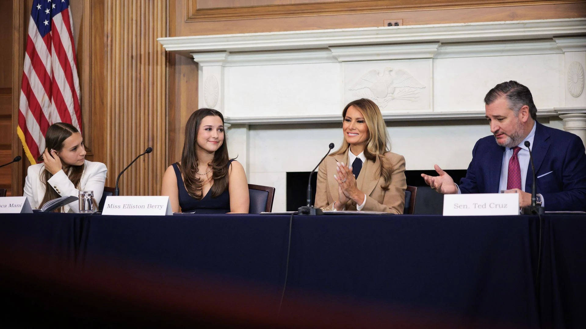 (L-R) Francesca Mani and Elliston Berry are applauded by U.S. first lady Melania Trump and Sen. Ted Cruz (R-TX) after speaking during a roundtable discussion on the "Take It Down Act"