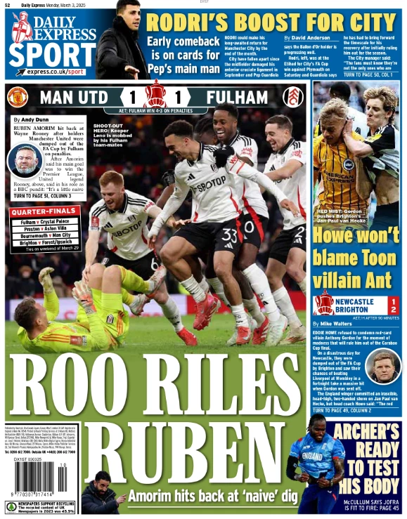 Back page of the Daily Express on 3 March 2025