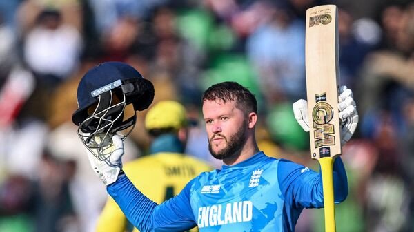 Ben Duckett celebrates after scoring a century against Australia in Lahore.