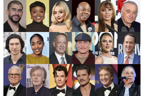 This combination of photos shows, top row from left, Bad Bunny, Quinta Brunson, Sabrina Carpenter, Dave Chappelle, Miley Cyrus, Robert De Niro, second row from left, Adam Driver, Ayo Edebiri, Tom Hanks, Woody Harrelson, Scarlett Johansson, Peyton Manning, and bottom row from left, Steve Martin, Paul McCartney, John Mulaney, Pedro Pascal, Martin Short and Paul Simon.