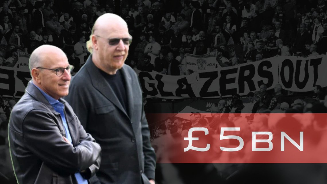 Joel and Avram Glazer superimposed over images of protests against the Manchester United owners