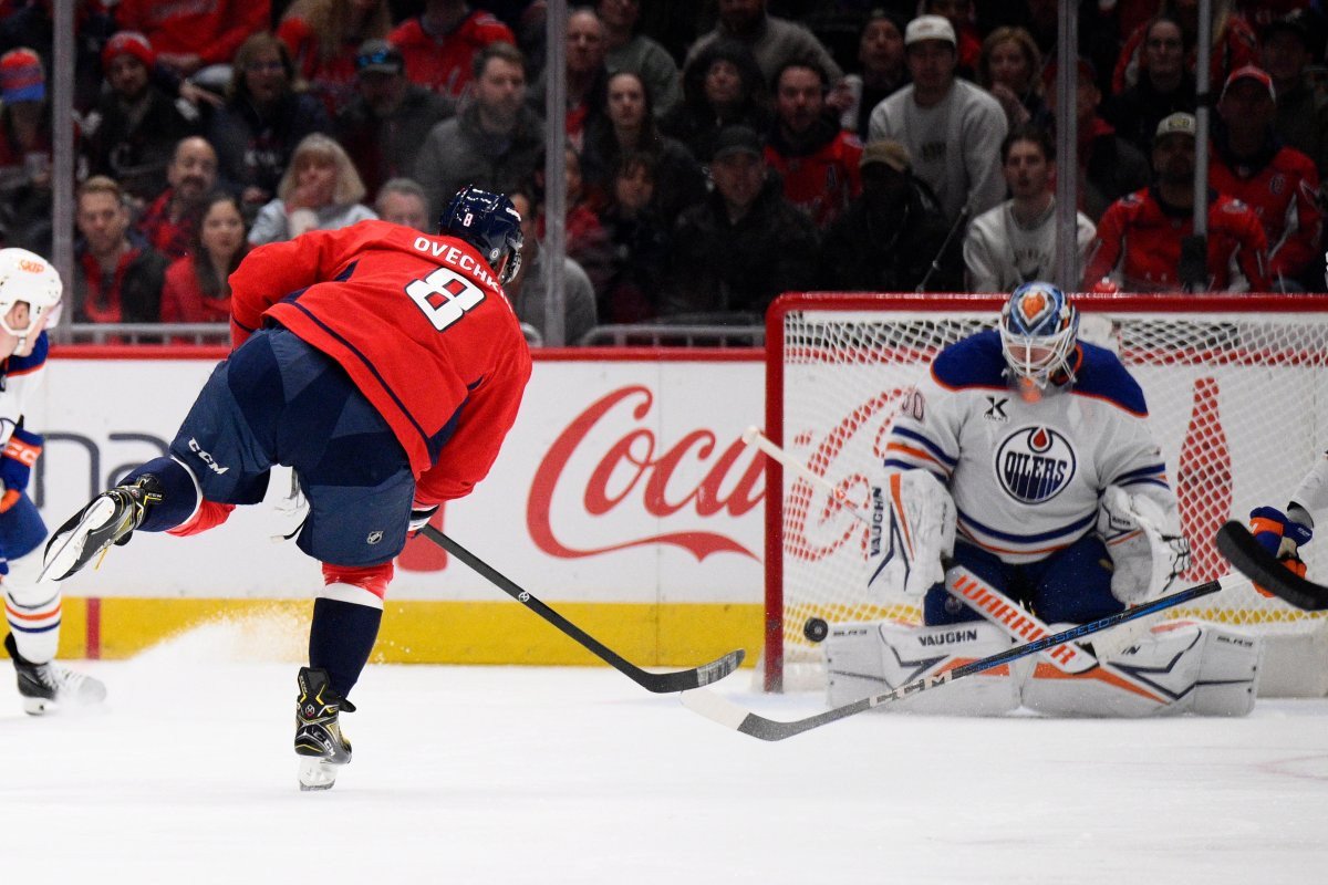 Washington Capitals left wing Alex Ovechkin (8) scores against Edmonton Oilers goaltender Calvin Pickard (30) during the second period of an NHL hockey game, Sunday, Feb. 23, 2025, in Washington.