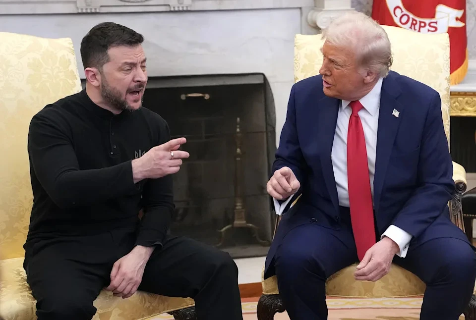 President Donald Trump and Ukrainian President Volodymyr Zelensky engage in a heated discussion in the Oval Office at the White House on February 28, captured by Andrew Harnik via Getty Images.