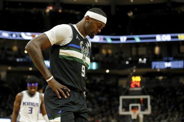 Milwaukee Bucks center Bobby Portis (9) reacts after a play against the Sacramento Kings during the first half of an NBA basketball game Saturday, Jan. 22, 2022, in Milwaukee.. (AP Photo/Jon Durr, File)