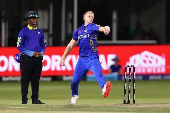 Corbin Bosch in action for MI Cape Town, showcasing his bowling prowess that earned him 11 wickets in the SA20, 2025 season - Photo by MI Cape Town Media