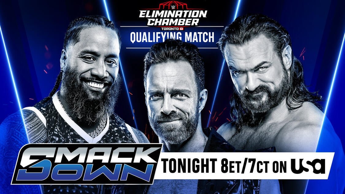 Blog banner for WWE SmackDown results for February 7th, 2025 featuring LA Knight, Drew McIntyre, and Jimmy Uso.