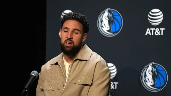 Dec 15, 2024; San Francisco, California, USA; Dallas Mavericks guard Klay Thompson (31) talks with media members after the game against the Golden State Warriors at Chase Center. Mandatory Credit: Darren Yamashita-Imagn Images