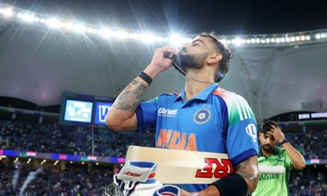 Virat Kohli celebrates victory over arch-rivals Pakistan in Dubai.