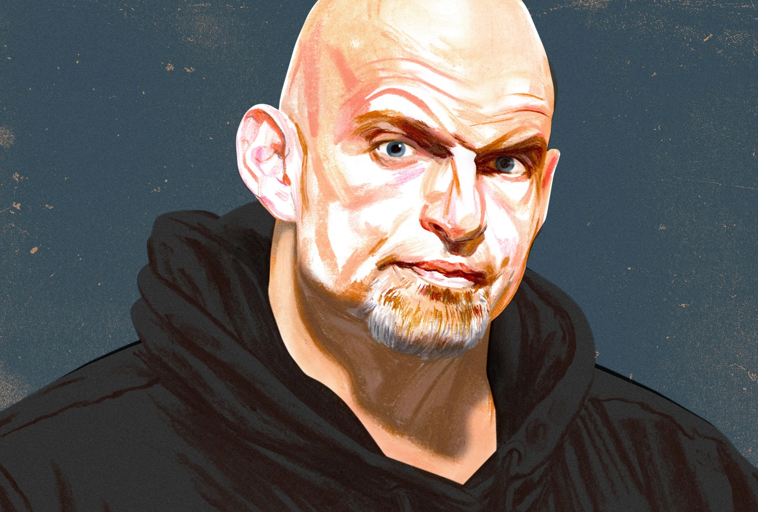 Portrait of John Fetterman in a black hoodie.