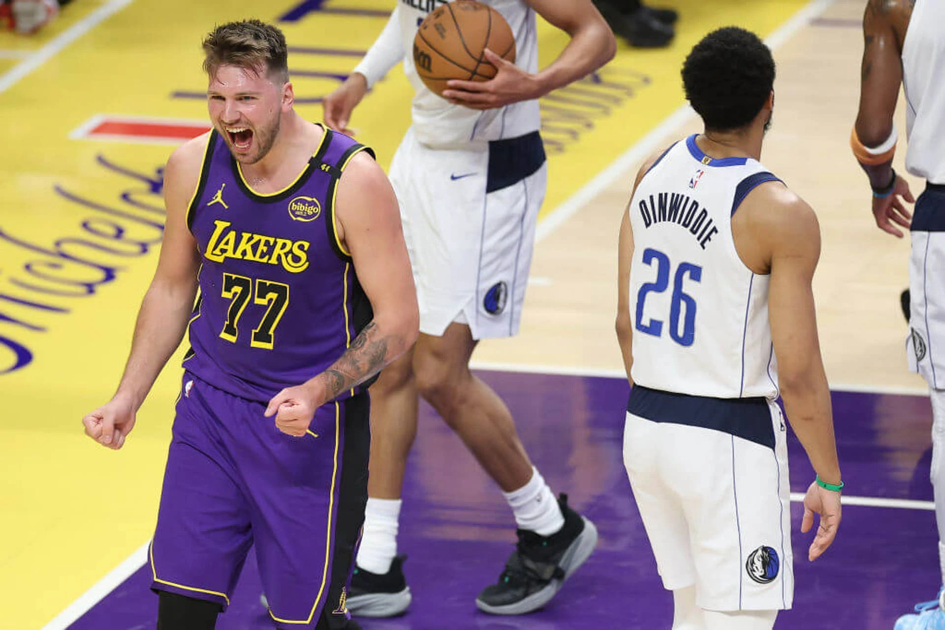 LOS ANGELES, CALIFORNIA - FEBRUARY 25: Luka Doncic #77 of the Los Angeles Lakers reacts to being fouled  during the first half of a game against the Dallas Mavericks at Crypto.com Arena on February 25, 2025 in Los Angeles, California. (Photo by Sean M. Haffey/Getty Images)