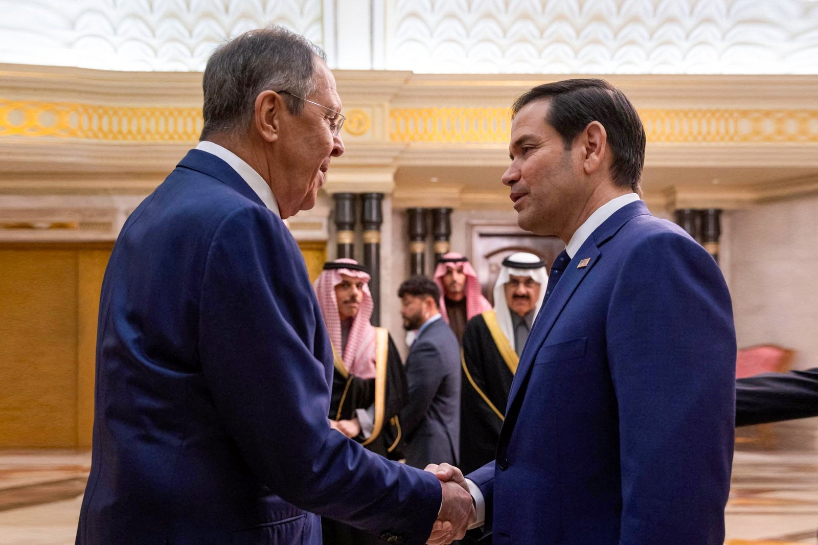 US secretary of state Marco Rubio (right) shakes hands with Russian foreign minister Sergei Lavrov during their meeting at Diriyah Palace, in Riyadh, Saudi Arabia, on Tuesday