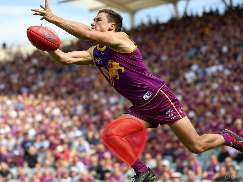 Lincoln McCarthy in action for Brisbane Lions with a red-highlighted ACL graphic overlay, stadium crowd in the background, March 12, 2025.