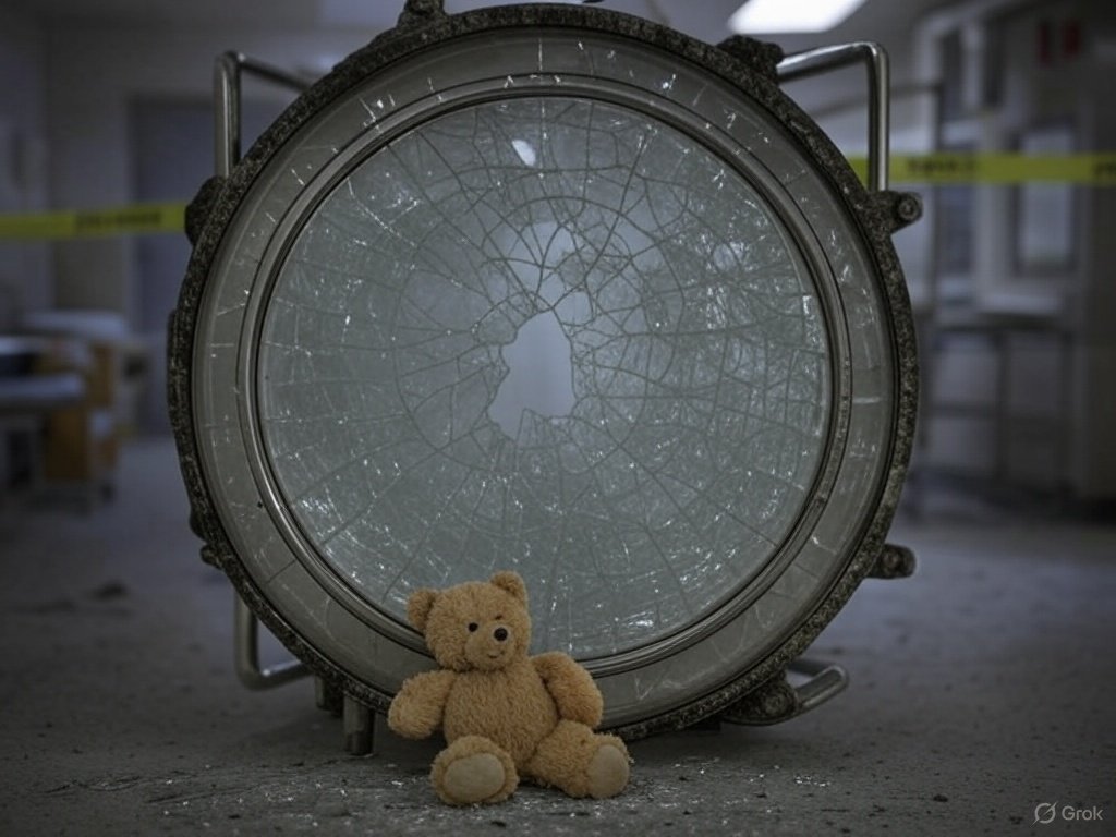 Damaged hyperbaric chamber with cracked glass and a teddy bear in a medical facility after an explosion in Troy, Michigan, March 12, 2025.