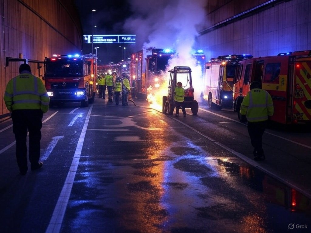 Electric vehicle explosion in a tunnel near Heathrow Airport with smoke, emergency responders, and airport signage in the background, March 12, 2025.